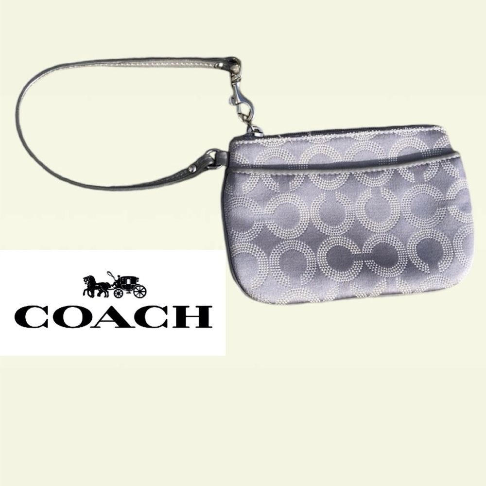 - Coach Poppy Gray Satin Signature Wristlet! EUC!